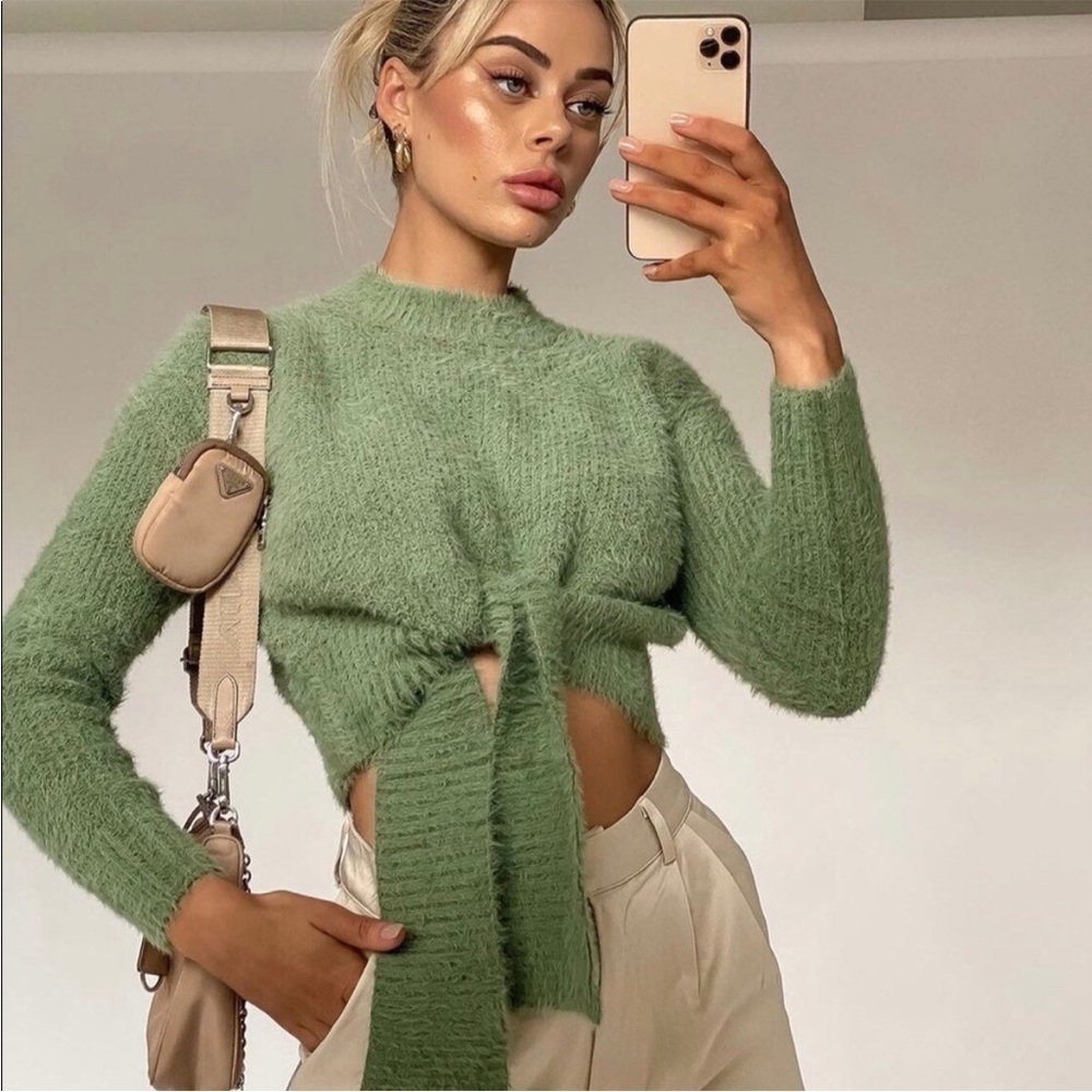 Princess Polly Green Winslow Fuzzy Soft Tie Front Jumper Sweater XS Small